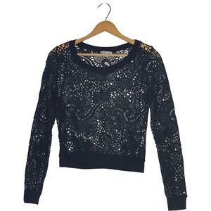 Black Lace Crop Top with Long Sleeves M‎